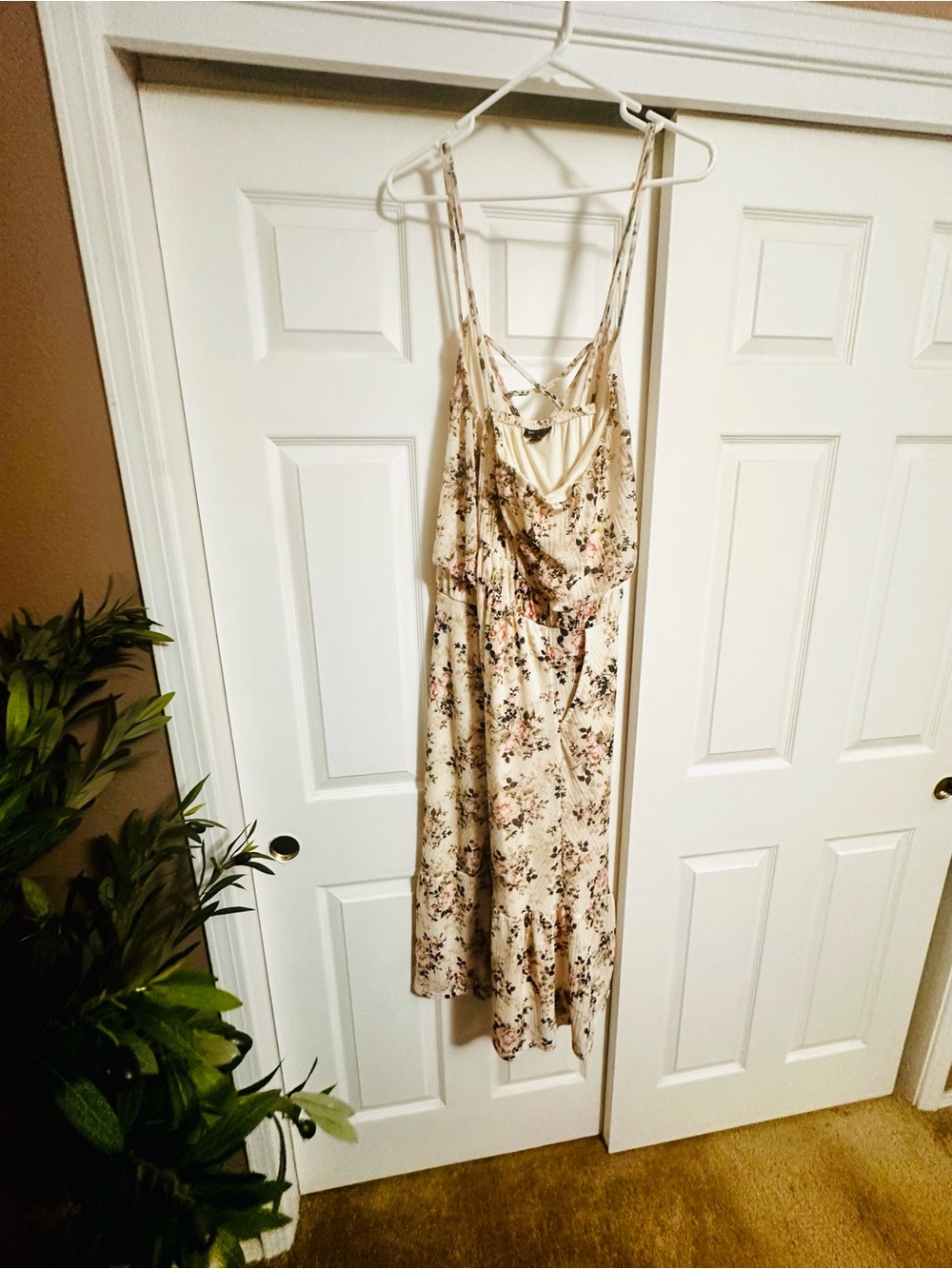 Torrid midi length dress with drape neckline. Light spring floral.